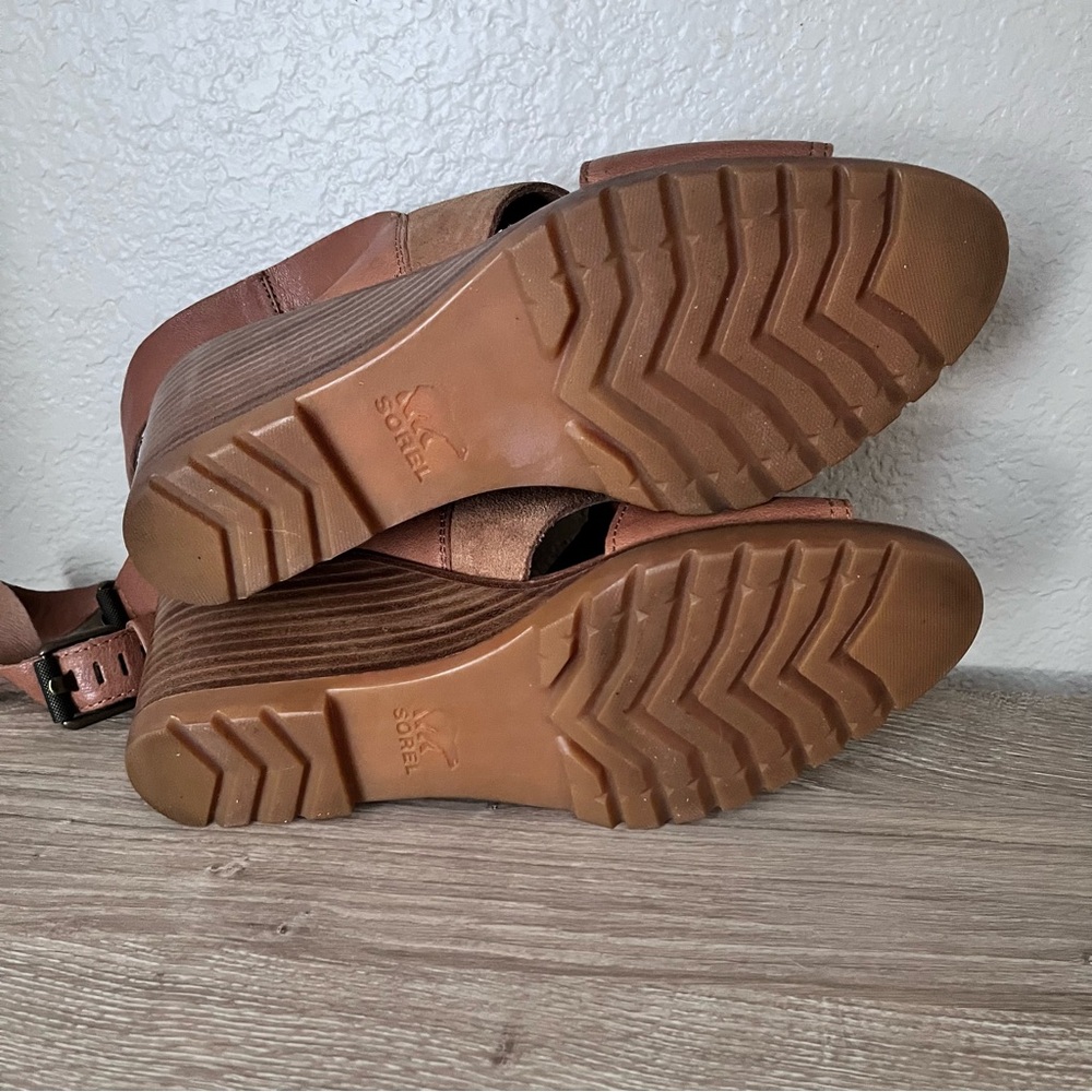 Women’s 9.5 Sorel After Hours Sandal Comfy Wedge in Camel Brown Leather - Picture 15 of 16